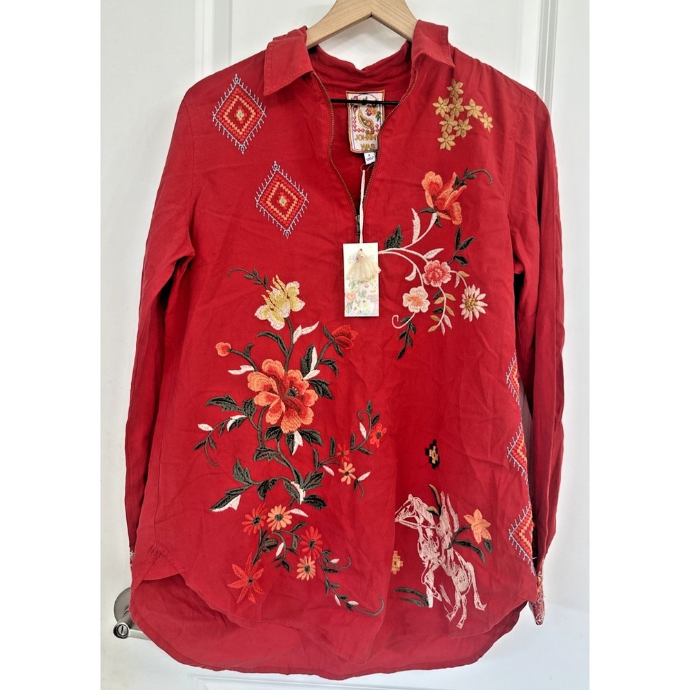 Johnny Was Size Small Helena Zip Shirt Tunic Savvy Red‎ Floral Horse Embroidered - Picture 4 of 13